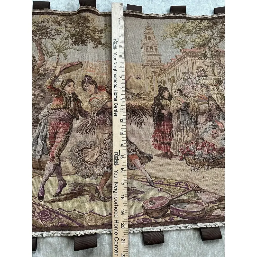 Vintage tapestry Spanish Woven Wall Art Made in Belgium Market Scene 57x20”